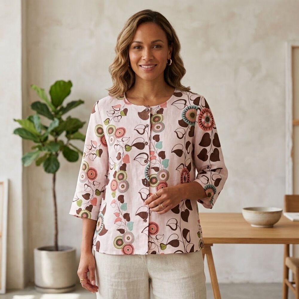 Hot Cotton Marc Ware Floral Botanical Print Plus Size 1X Linen Cotton Button Up